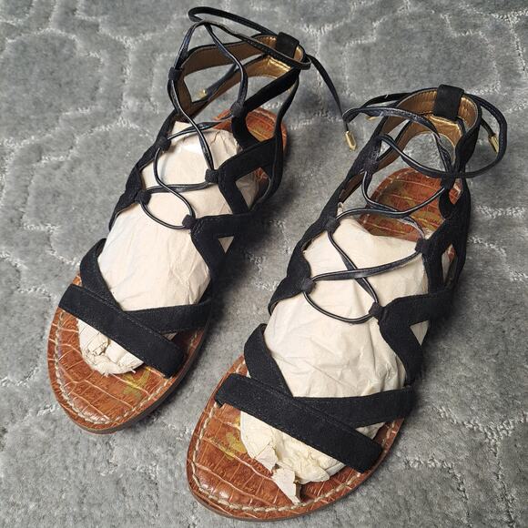 SAM EDELMAN GEMMA BLACK LEATHER GLADIATOR FLATS SANDALS WOMENS SIZE 6.5M - Picture 4 of 9